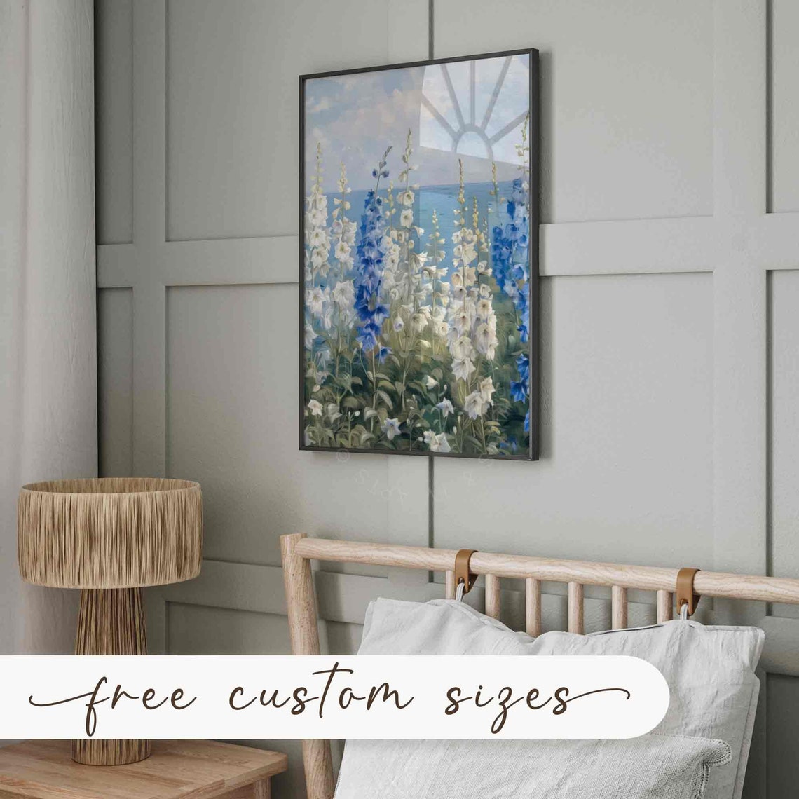 White Blue Delphiniums Tall Coastal Garden Flowers Sea View Poster - Image 3