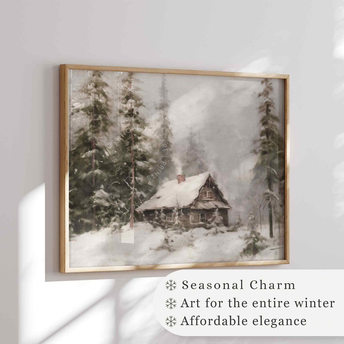 Cozy Rustic Log Cabin In Misty Snowy Pine Forest Winter Wall Art - Image 4