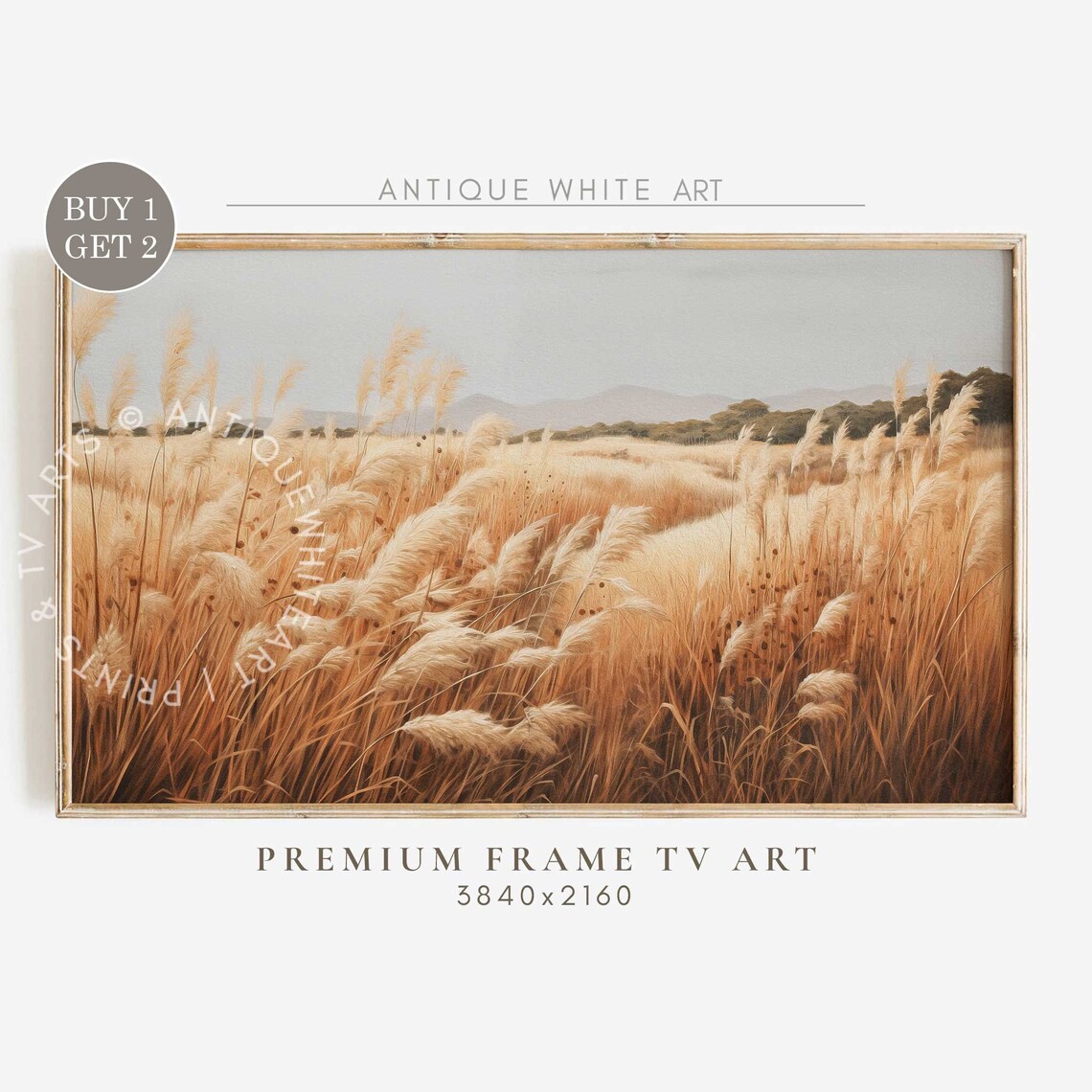 Golden Grass Field Seed Heads Hazy Mountain Vintage Wall Art Print