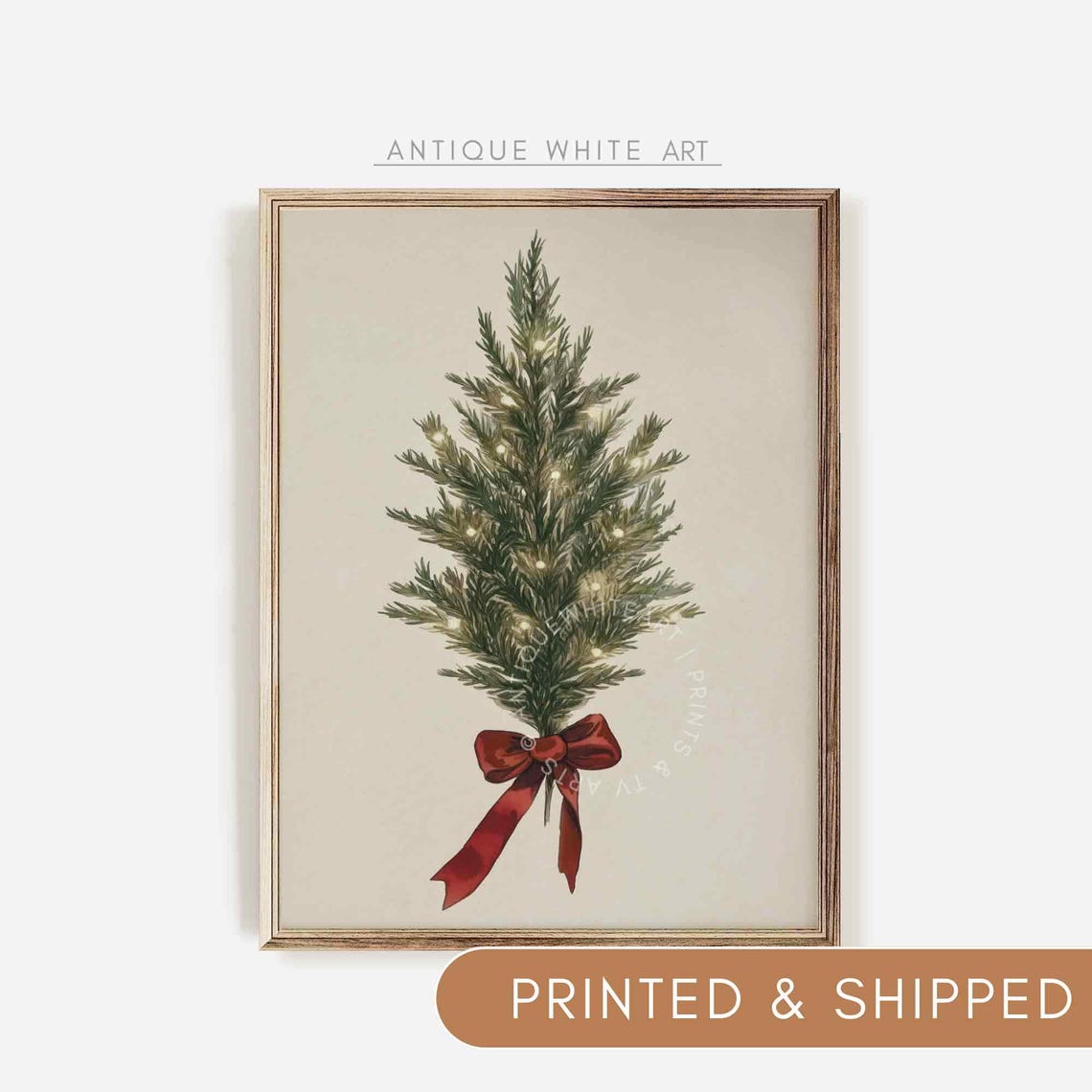 Small Spruce Tree With Fairy Lights And Red Bow Holiday Wall Art