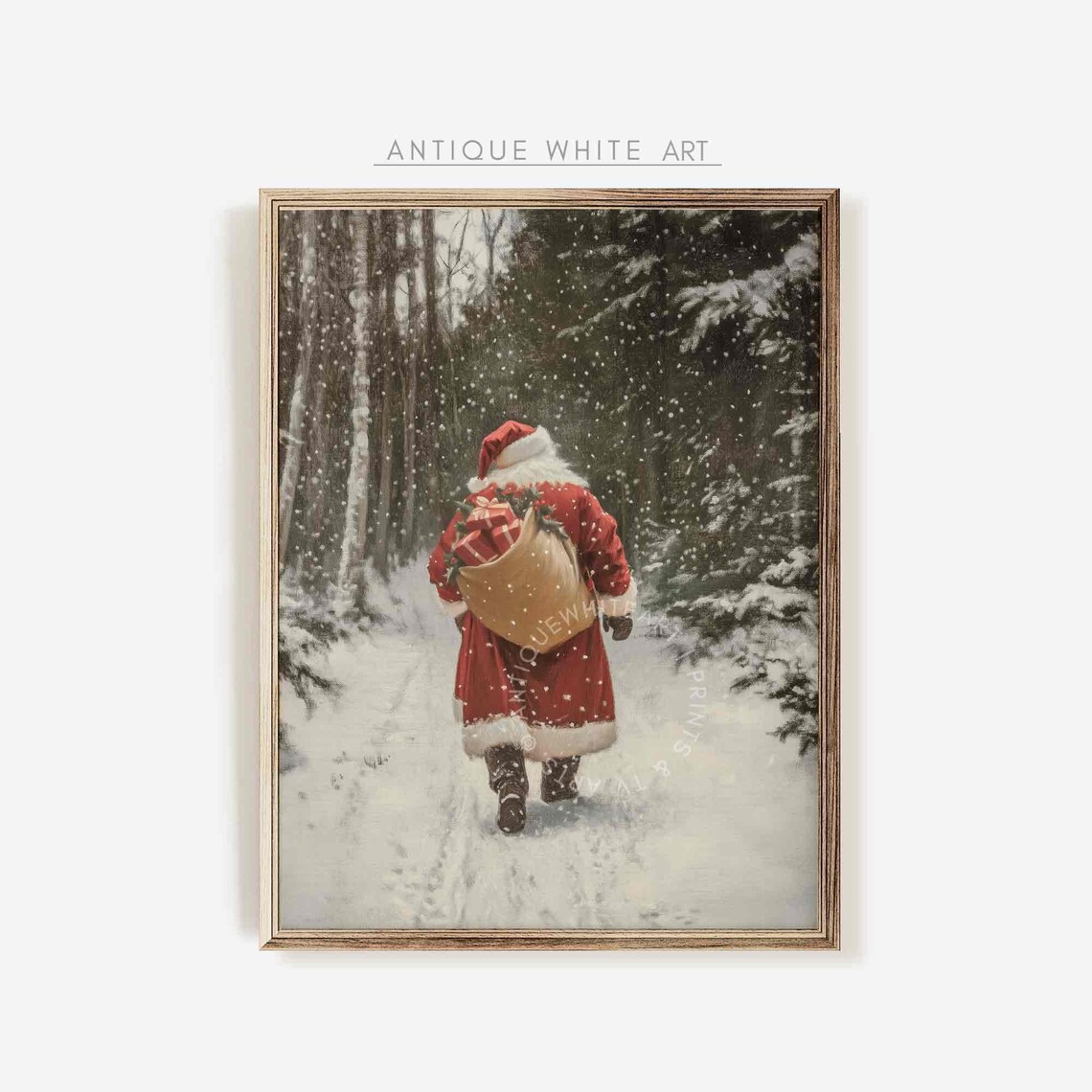 Santa Claus With Gift Sack Walking In Snowy Woods Night Poster