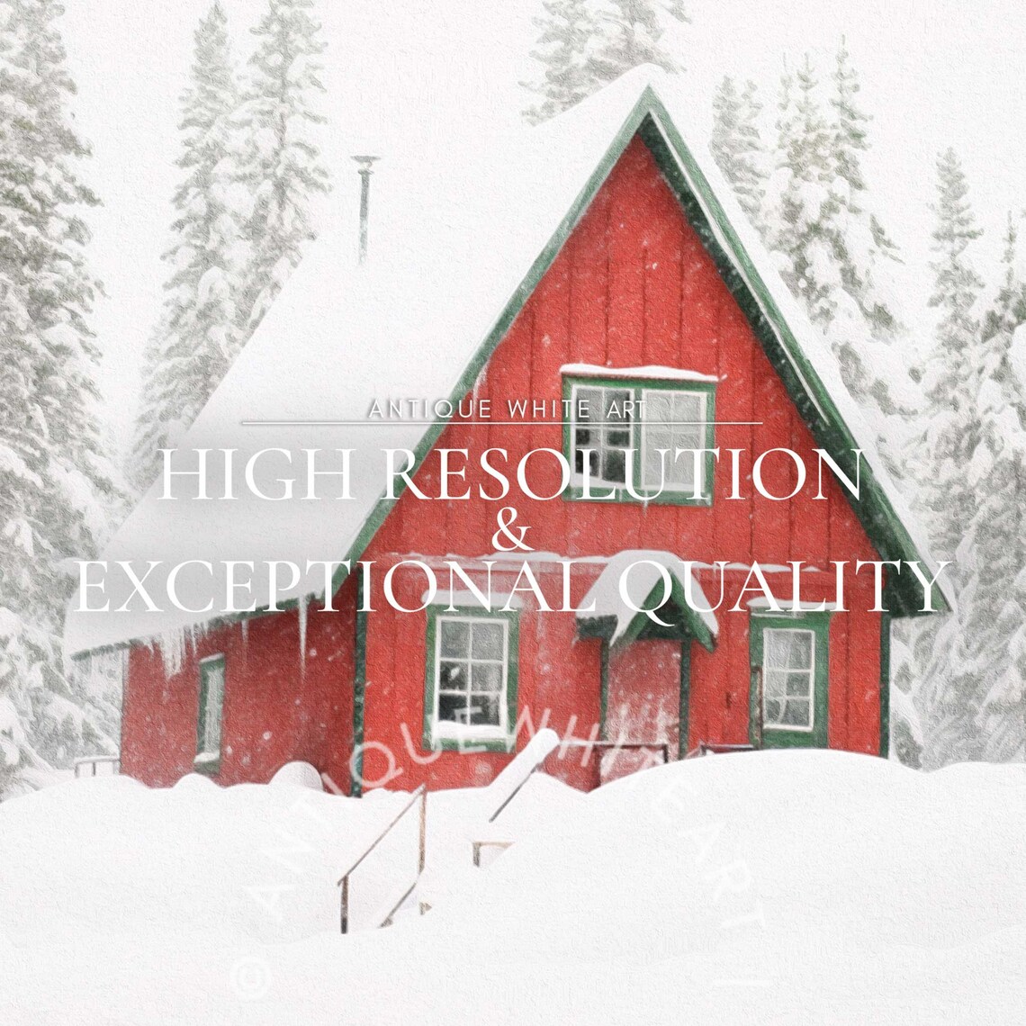 Red A-Frame Cabin Snowy Pine Forest Christmas Vintage Wall Art Print - Image 4