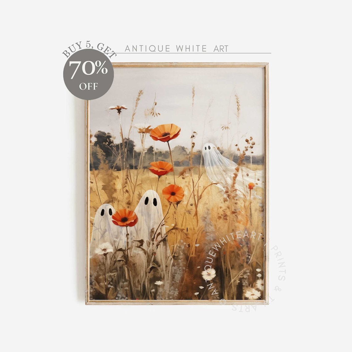 Cute Ghosts Orange Poppies Wildflower Field Vintage Halloween Art Poster