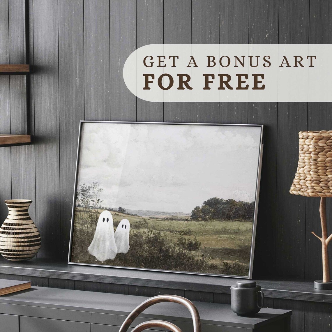 Cute Ghost White Daisy Wildflower Field Vintage Halloween Wall Art Print - Image 2