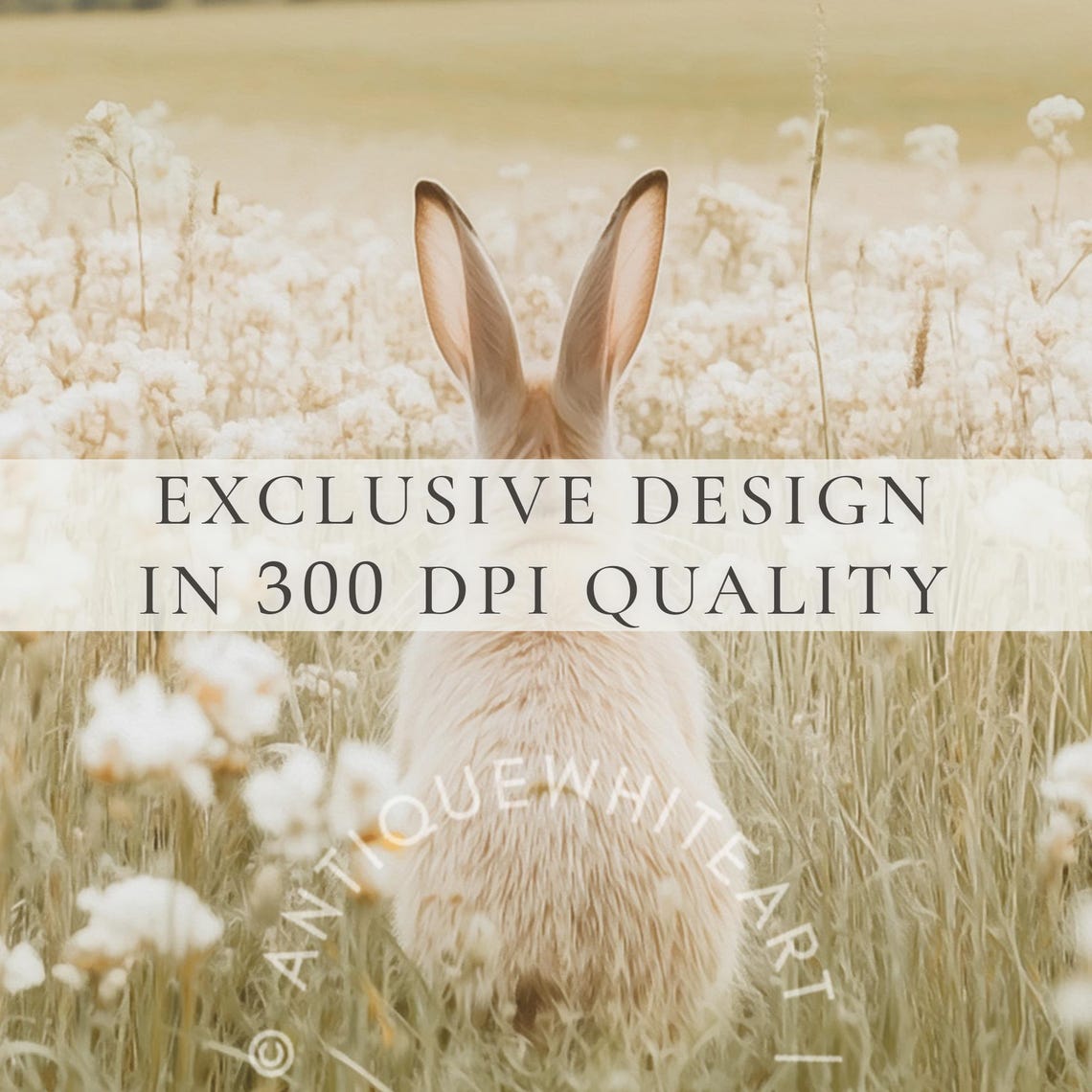 White Bunny Wildflower Field Back View Easter Spring Vintage Art Print - Image 2