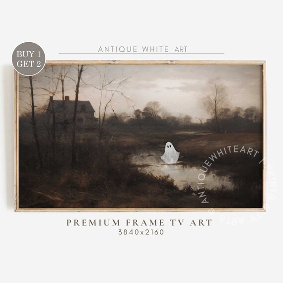 Moody Antique Landscape Pond Cute Ghost Spooky Halloween Vintage Print