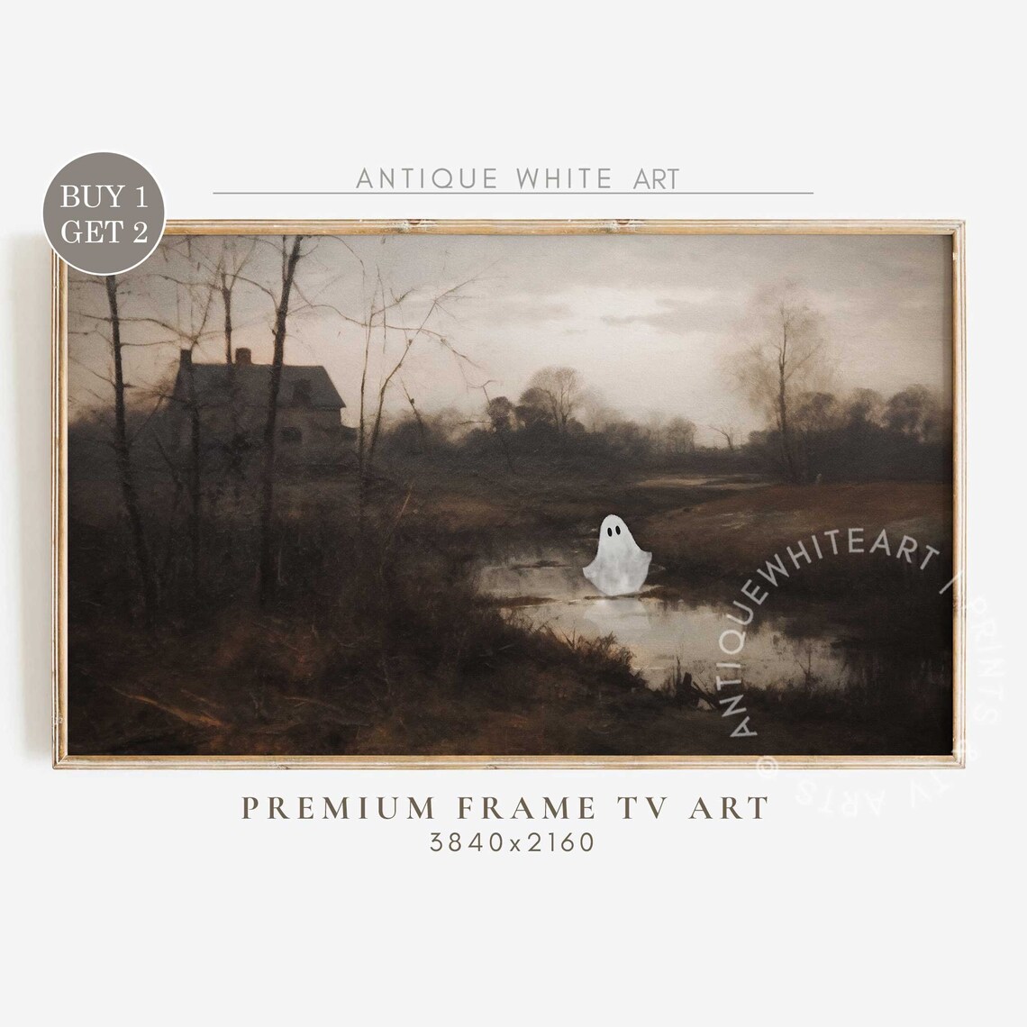 Moody Antique Landscape Pond Cute Ghost Spooky Halloween Vintage Print
