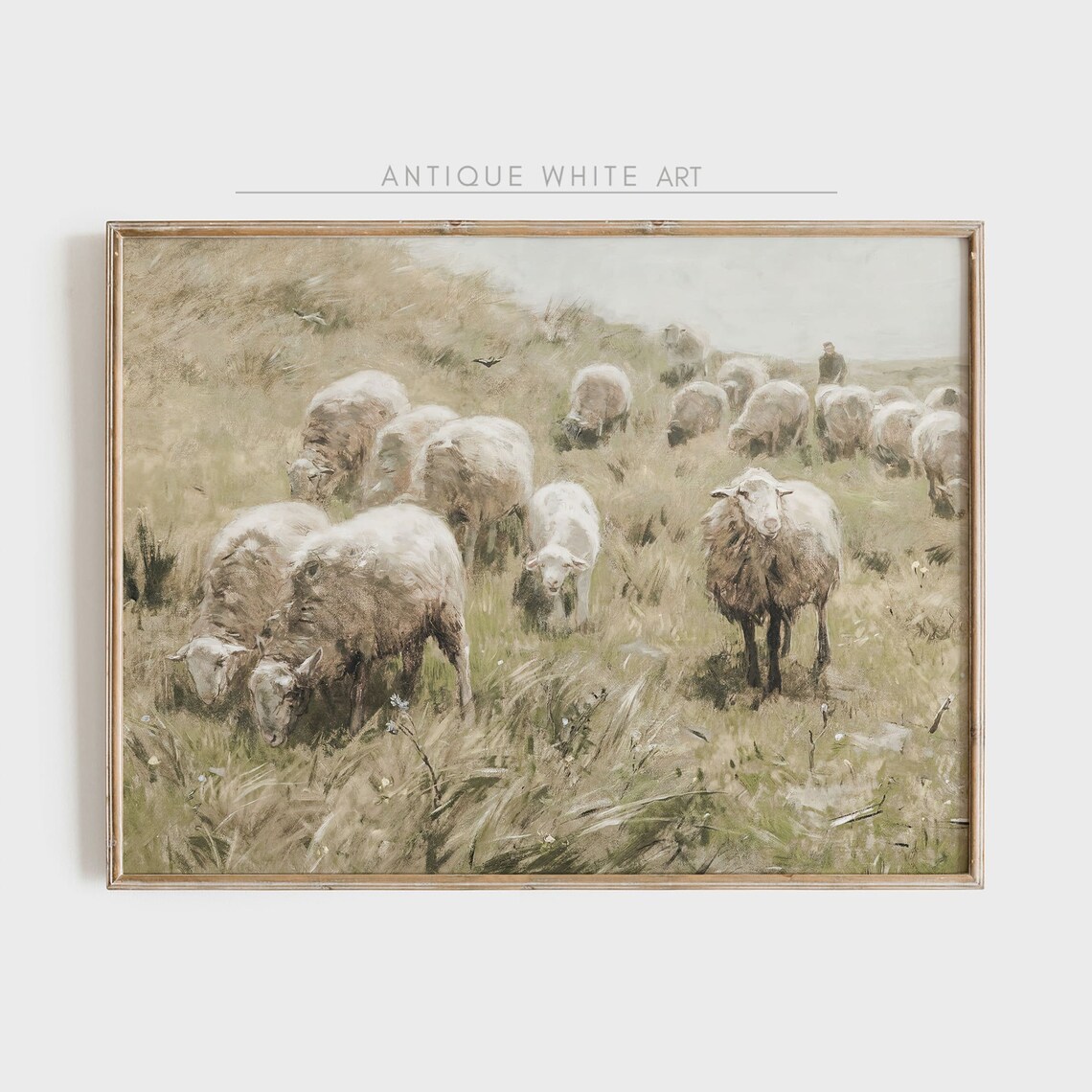 Vintage Flock of Sheep Grazing Meadow Antique Farm Animal Wall Art