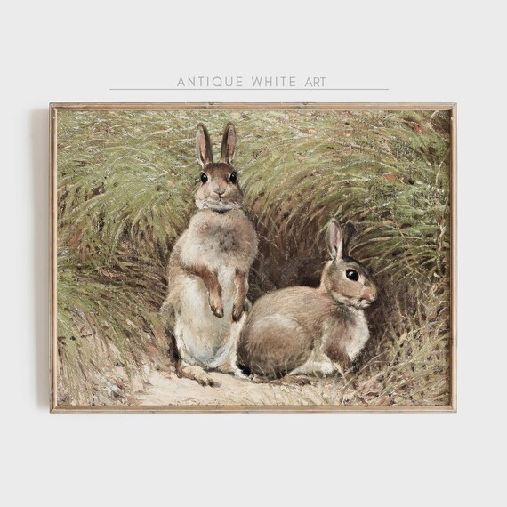 Vintage Pair of Rabbits in Grass Antique Rabbit Painting Wall Art