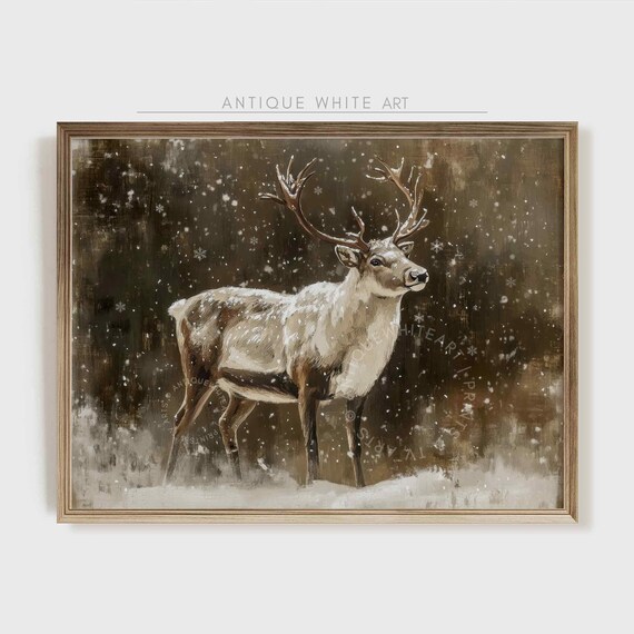 Reindeer Wall Art Moody Winter Print Christmas Wall Art Deer Print Farmhouse Christmas Wall Art Country Painting W155