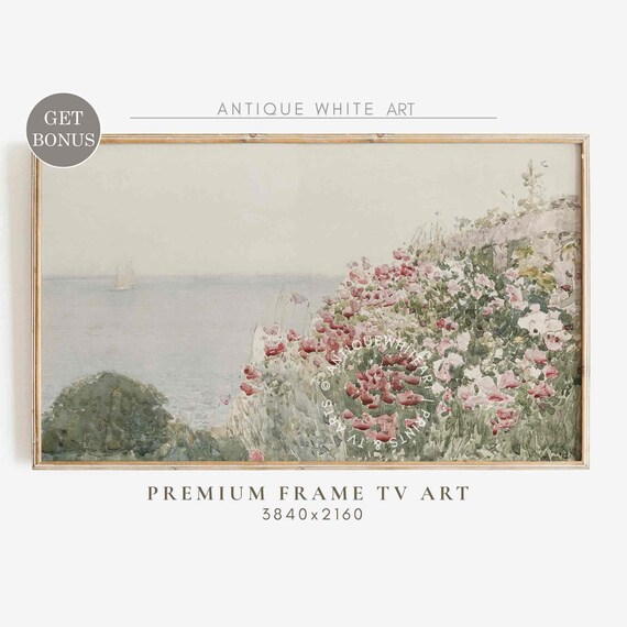 Coastal Flower Cliff Seascape Watercolor Pink Blooms Ocean View Vintage Art Wall Poster