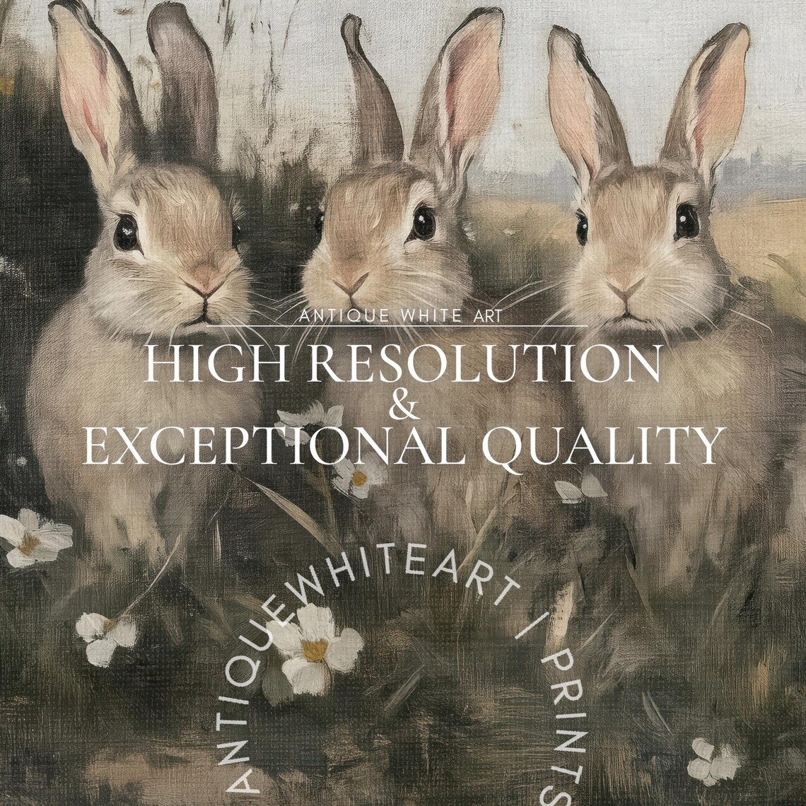 Three Baby Bunnies Meadow Vintage Rabbit Oil Painting Antique Animal Print - Image 3