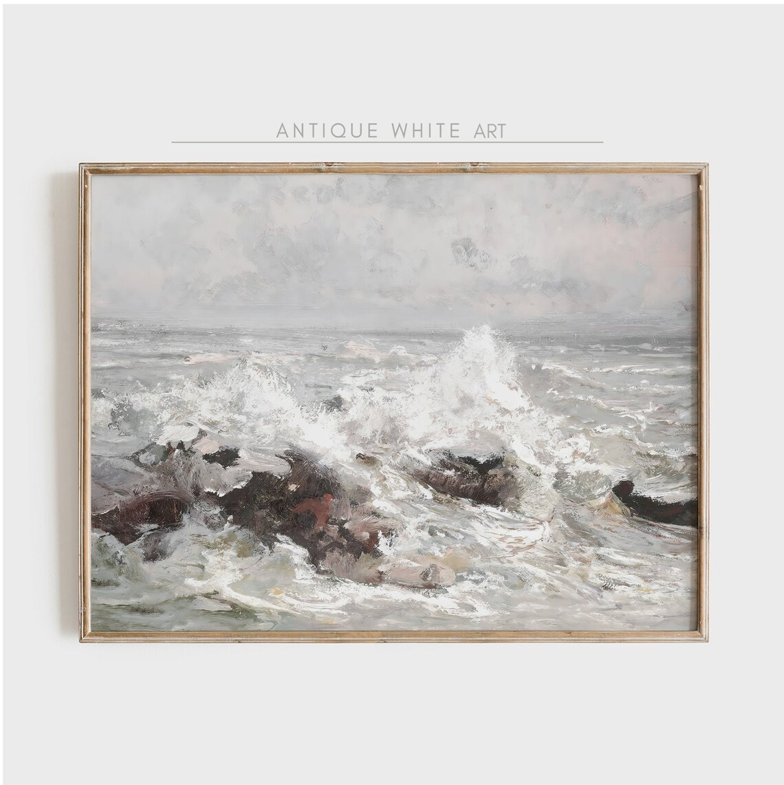 Moody Ocean Waves Crashing Dark Rocks Gray Stormy Sea Nautical Art Poster