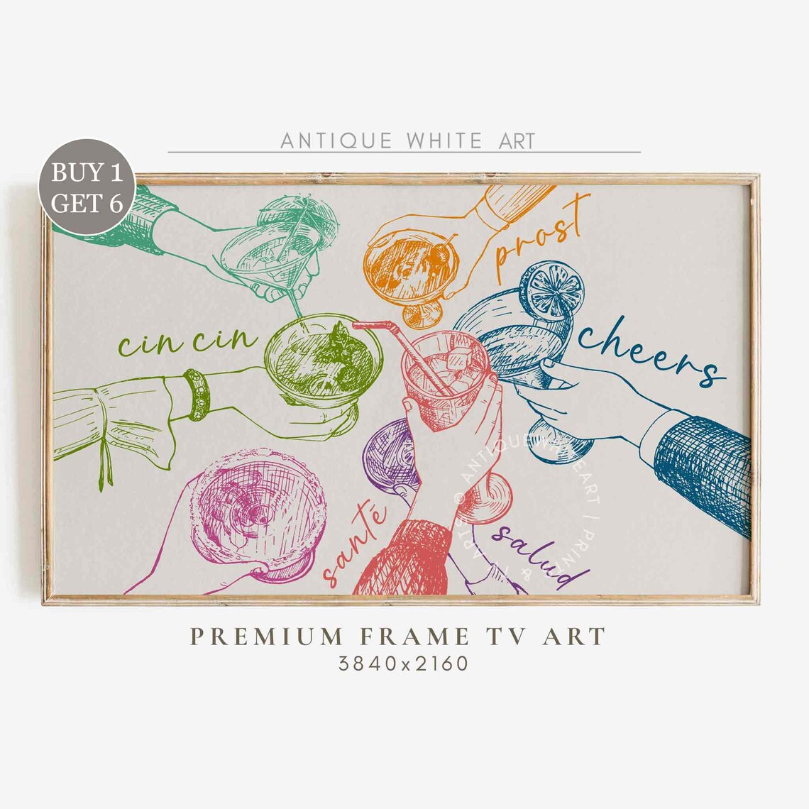 Horizontal Cocktail Cheers Toast Sketch Colorful Bar Cart Wall Poster