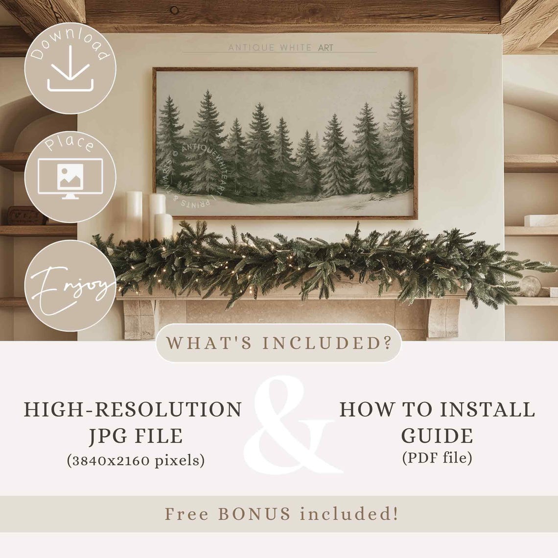 Row Of Snowy Evergreen Trees Vintage Winter Sketch Forest Wall Art - Image 3