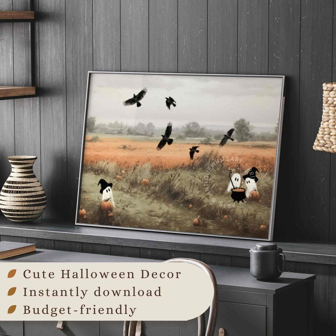 Halloween Wall Art Cute Ghost In A Field Painting Witchy Farmhouse Halloween Decor Cottagecore Fall Prints A310 - Image 3