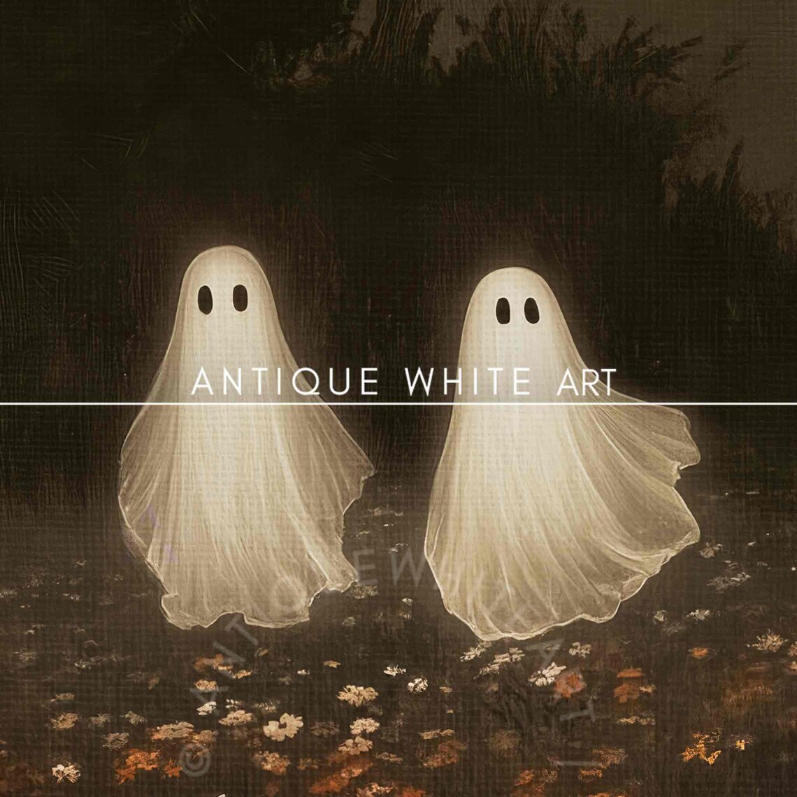Two Ghosts Before Glowing Manor At Night In Wildflower Field Spooky Poster - Image 3