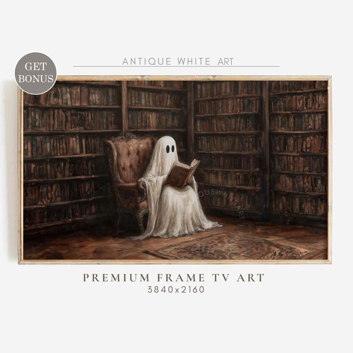 Spooky Halloween Ghost in Vintage Library Art Print