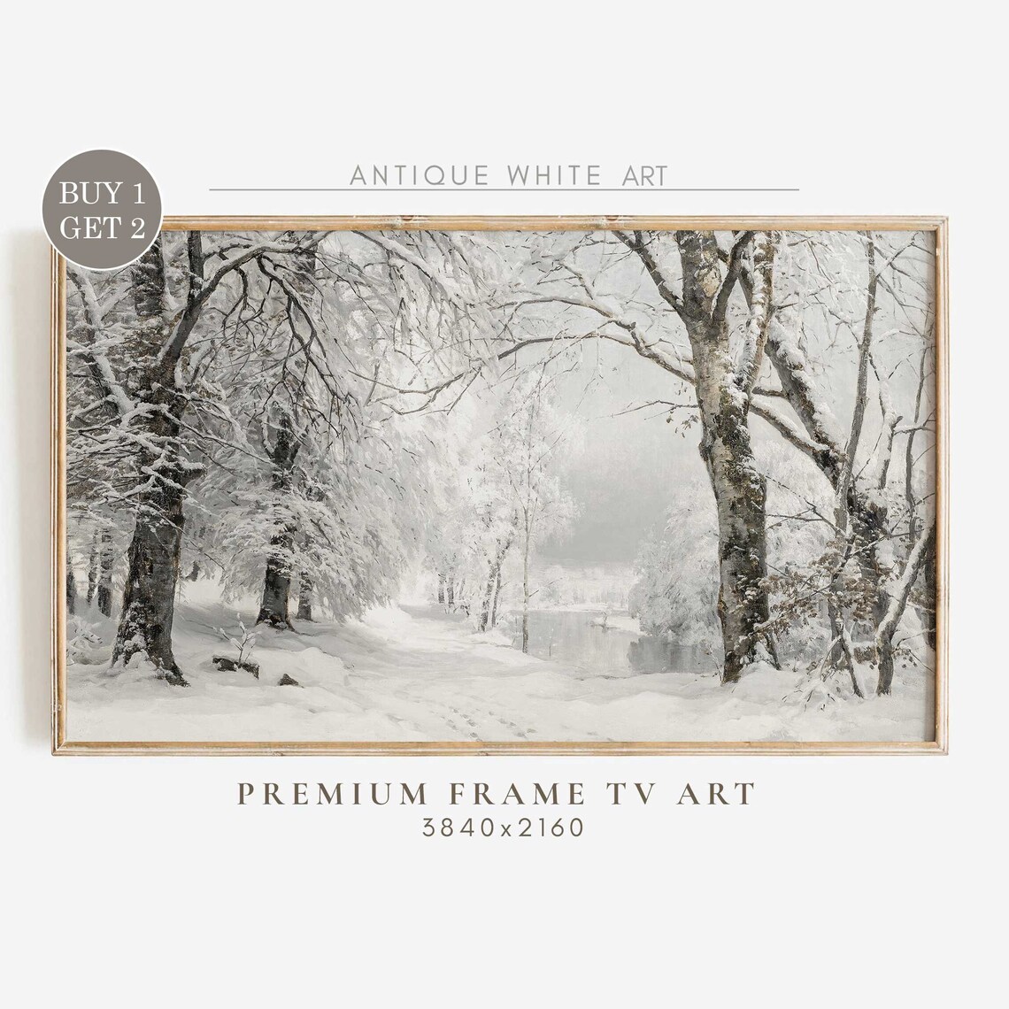 Snowy Birch Forest Path Frozen Pond Vintage Winter Art Print