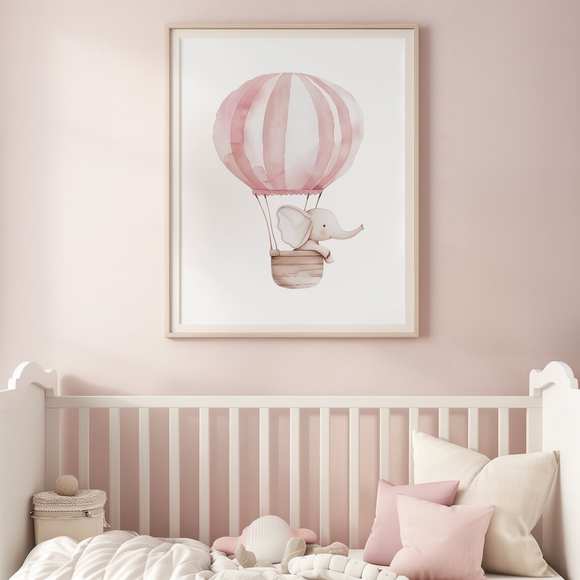 Pink Elephant Hot Air Balloon Watercolor Nursery Baby Wall Art - Image 3