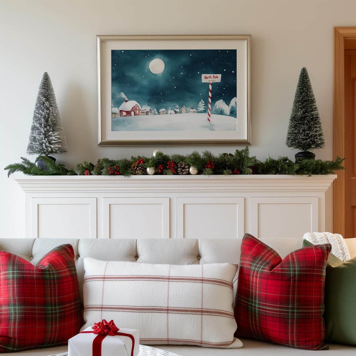 North Pole Sign Candy Cane Pole Snowy Village Night Watercolor Poster - Image 2