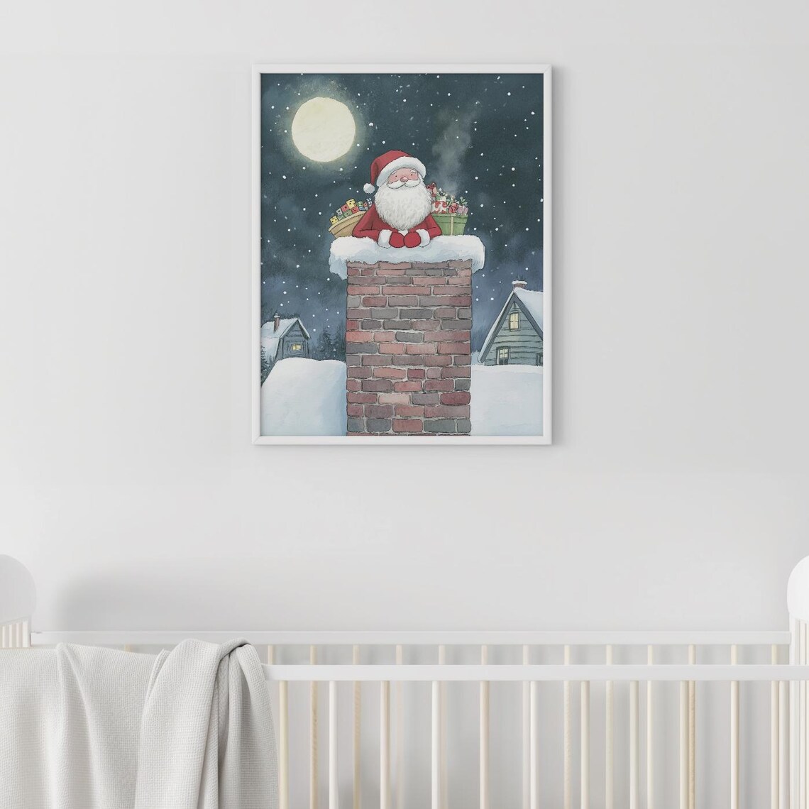 Santa Claus Snowy Chimney Full Moon Village Christmas Poster - Image 3