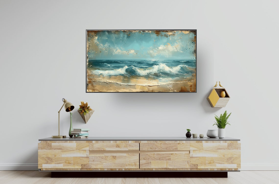 Vintage Distressed Ocean Waves Beach Painting Print Coastal Decor - Image 3