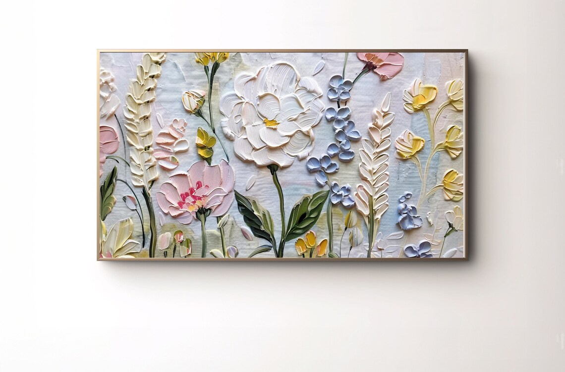 White and Pastel Floral Impasto Textured Flower Painting Print
