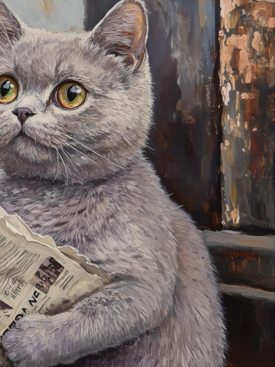 Gray Cat Reading a Newspaper Whimsical British Shorthair Funny Feline Poster - Image 4