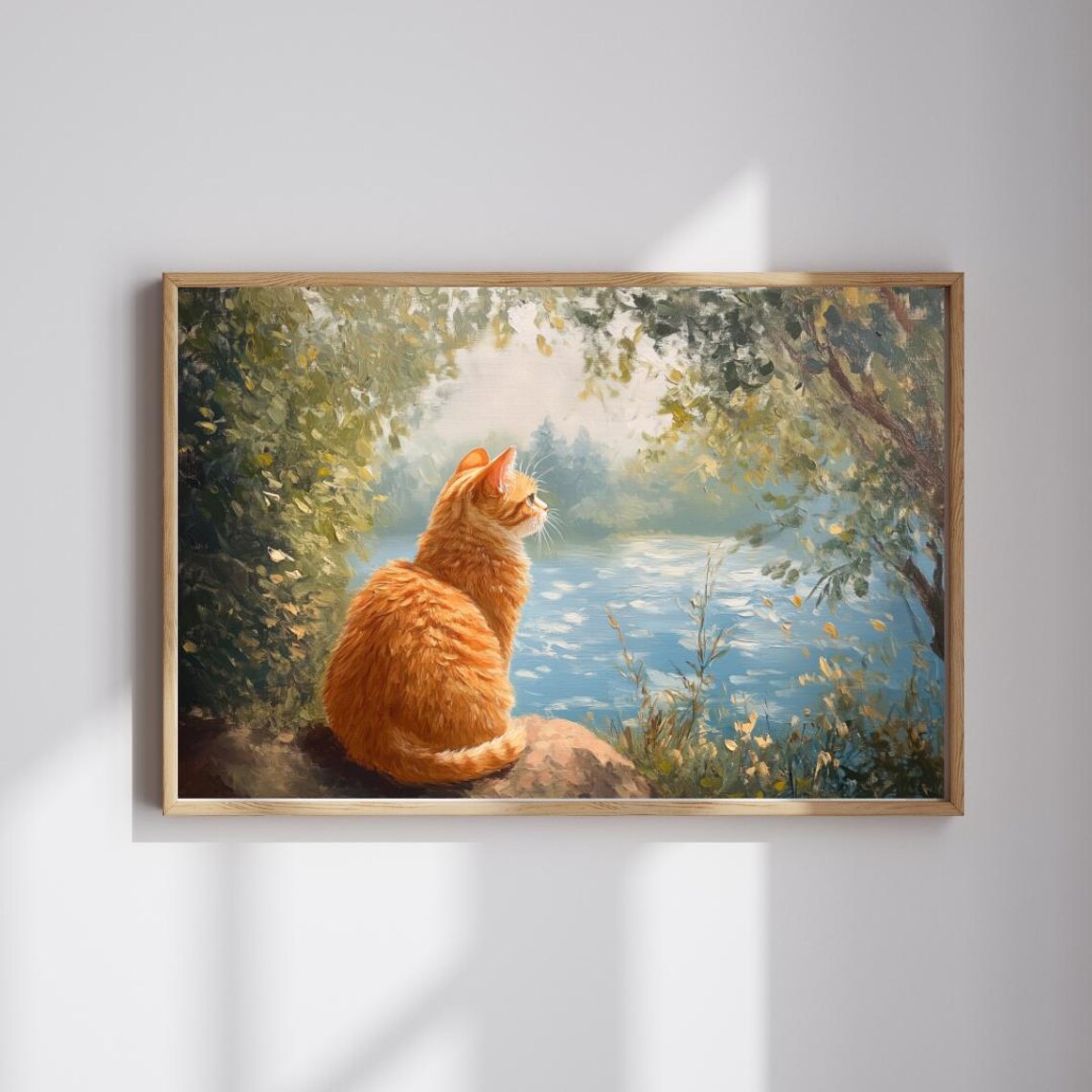 Golden Hour Watcher Cozy Cat By The Lake Art Print