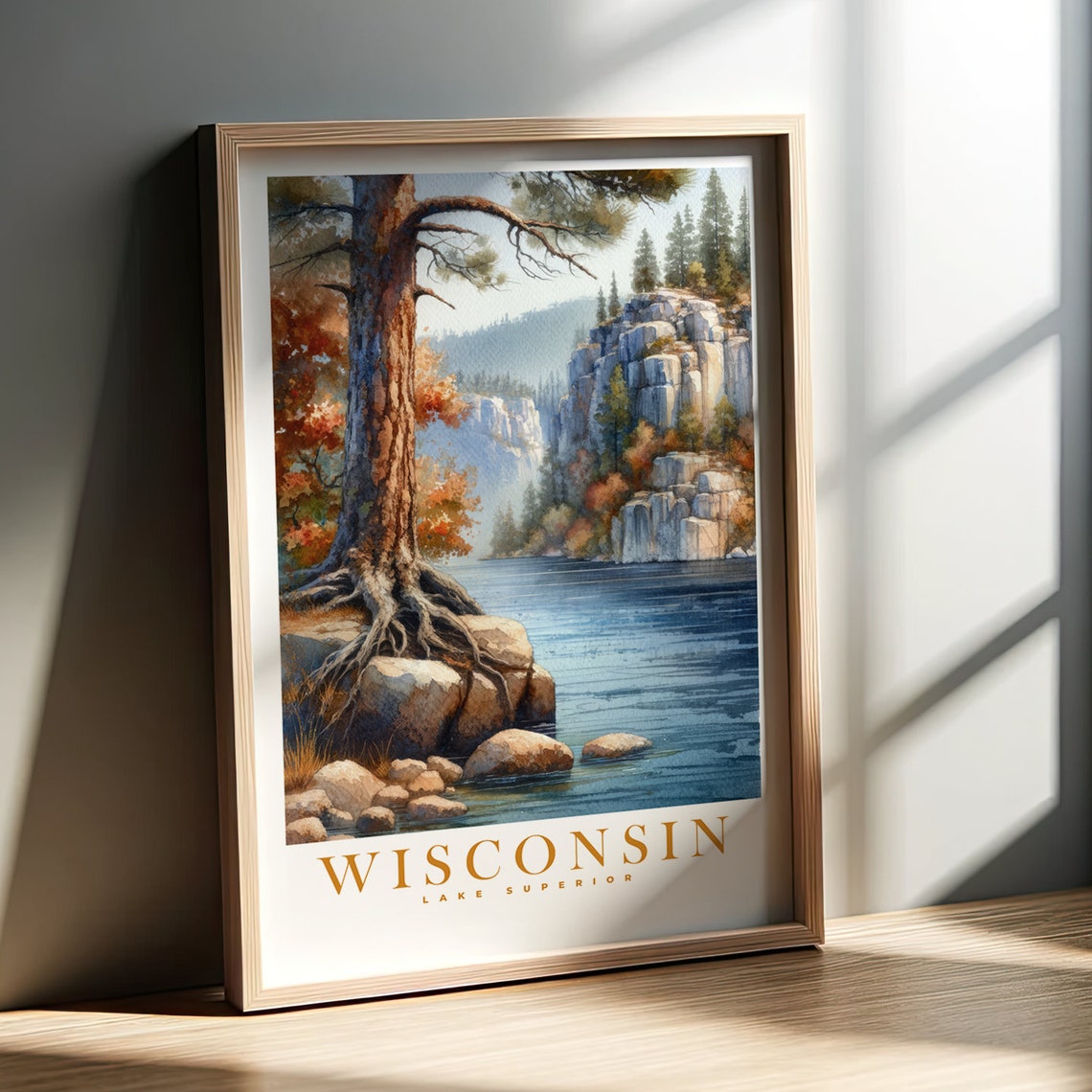 Wisconsin Lake Superior Watercolor Lakeshore Cliffs Pine Tree Poster