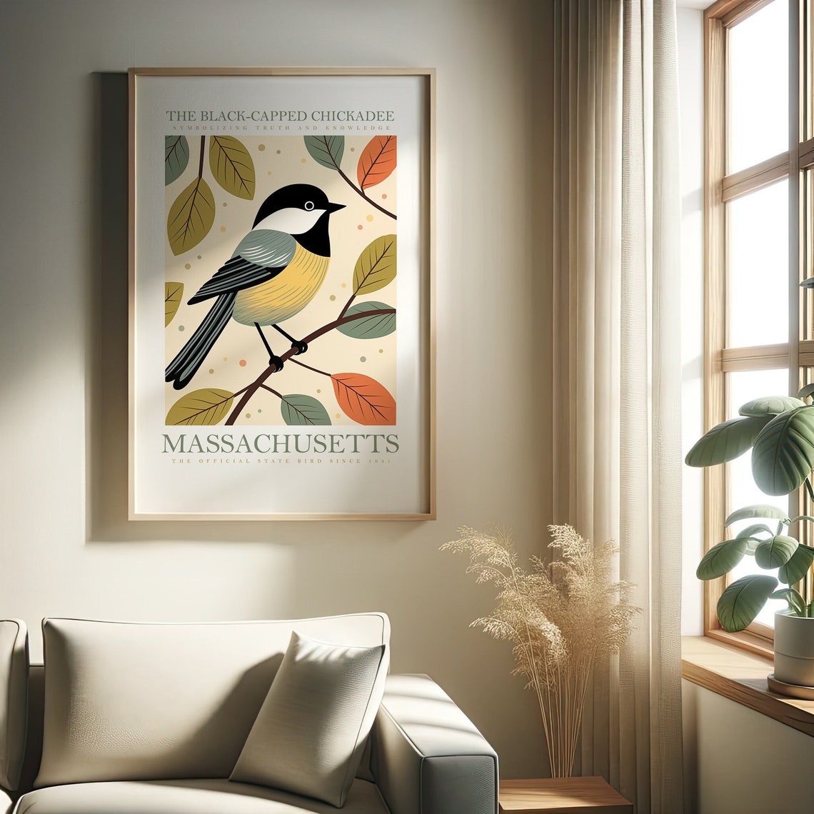 Black-Capped Chickadee Massachusetts State Bird Fall Leaves Poster