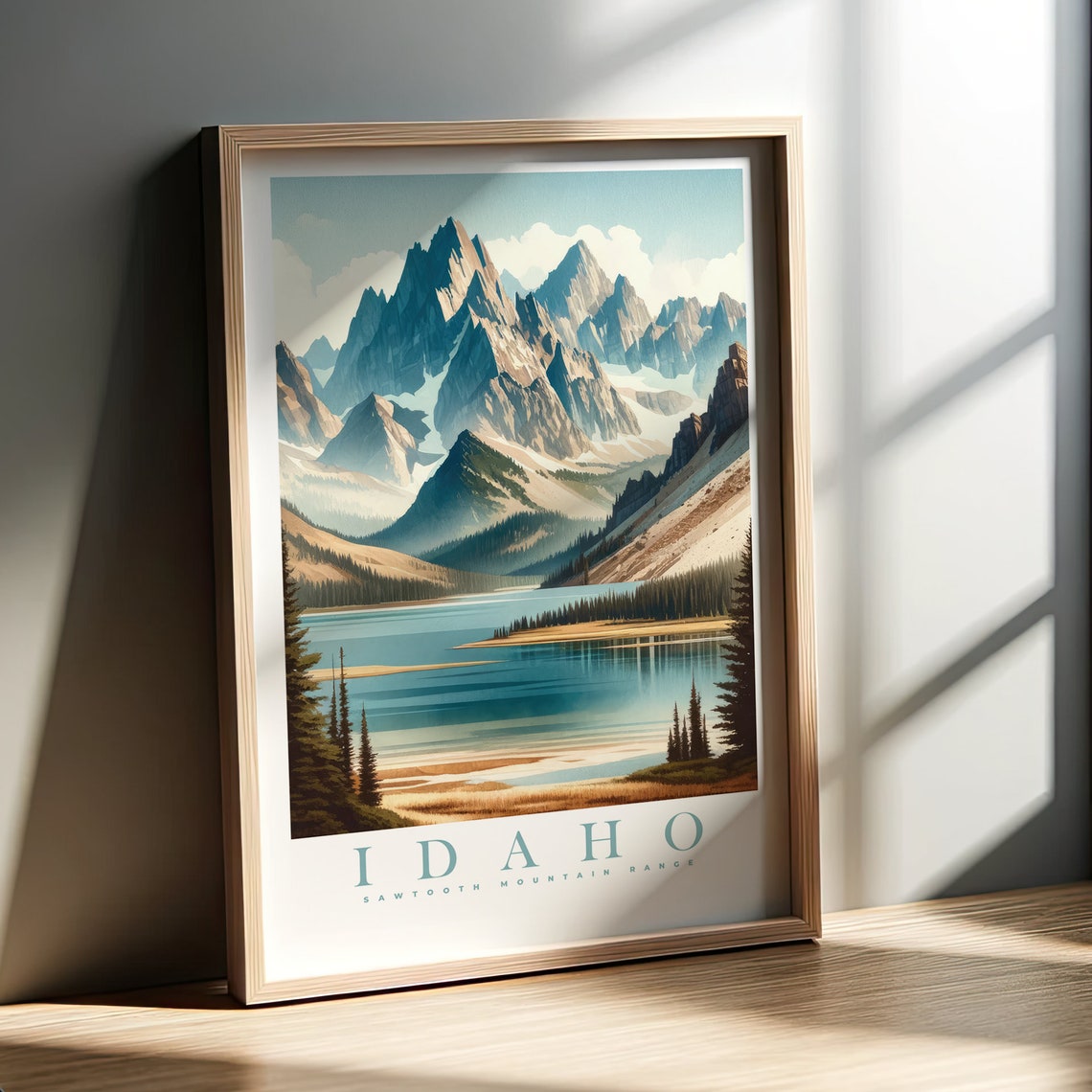 Idaho Sawtooth Mountain Range Watercolor Alpine Lake Landscape Poster