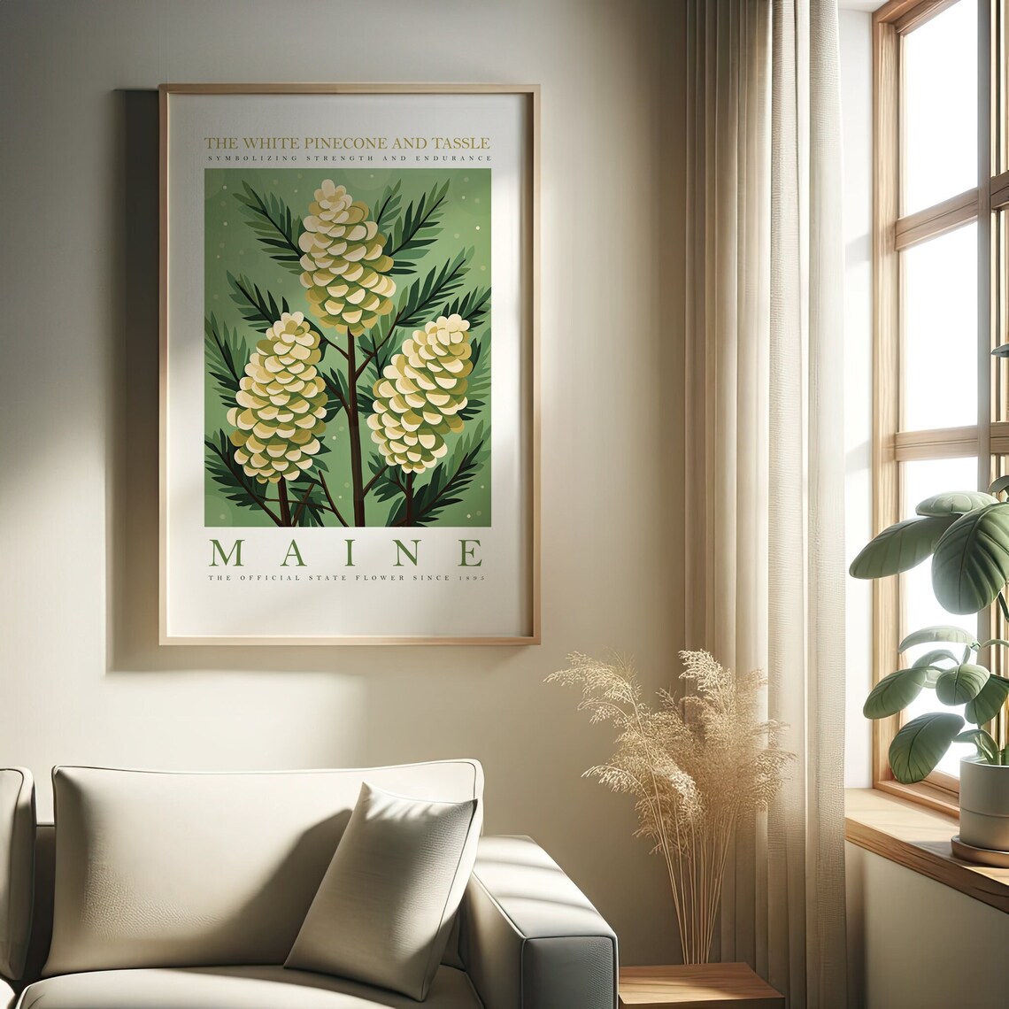 Maine State Flower White Pinecone Floral Art Print