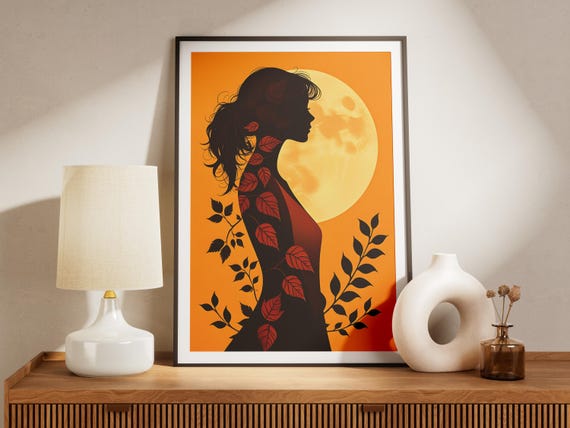 Woman Silhouette Sunset Print Boho Moon Art