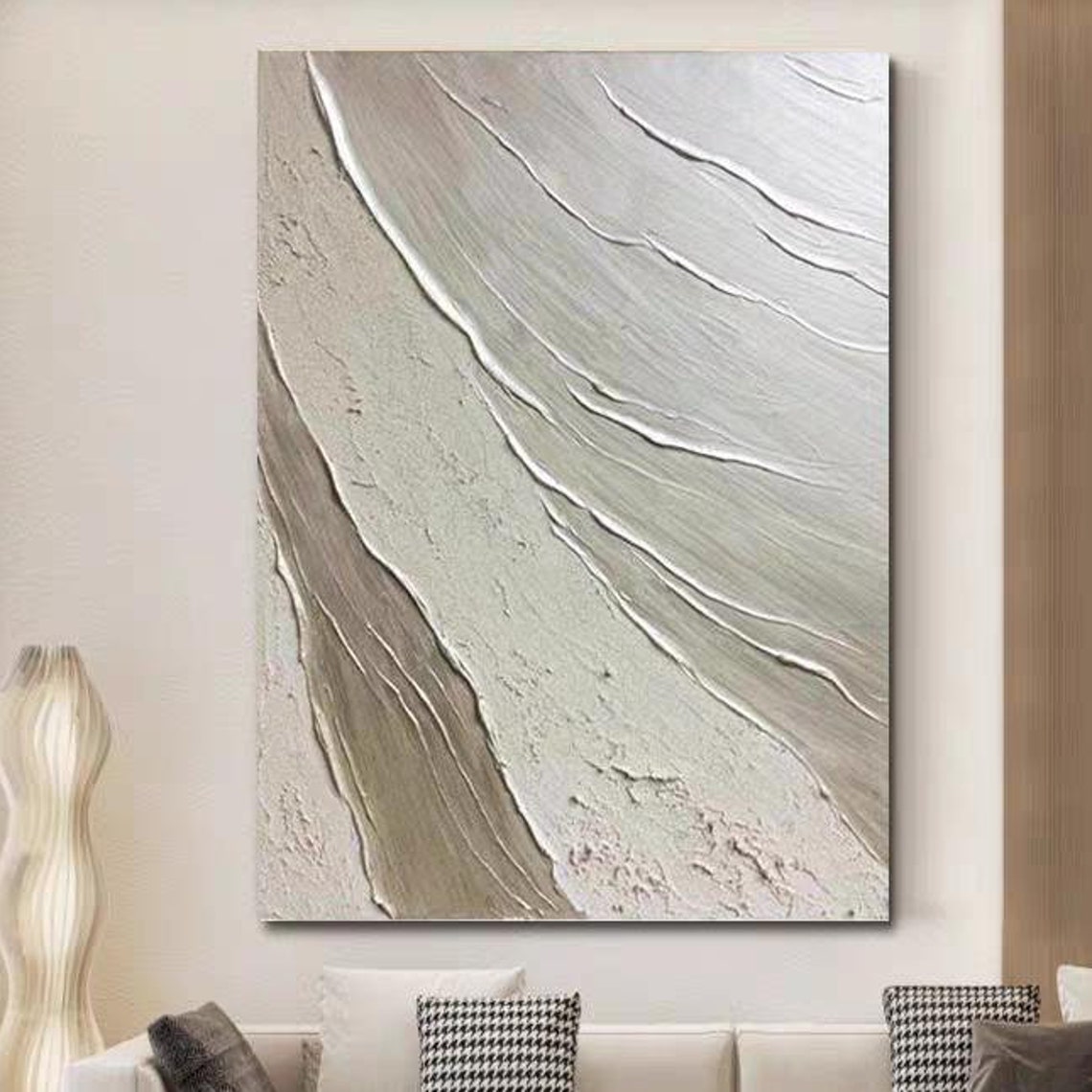 Silver Grey Flowing Diagonal Ridge Lines Textured Abstract Poster