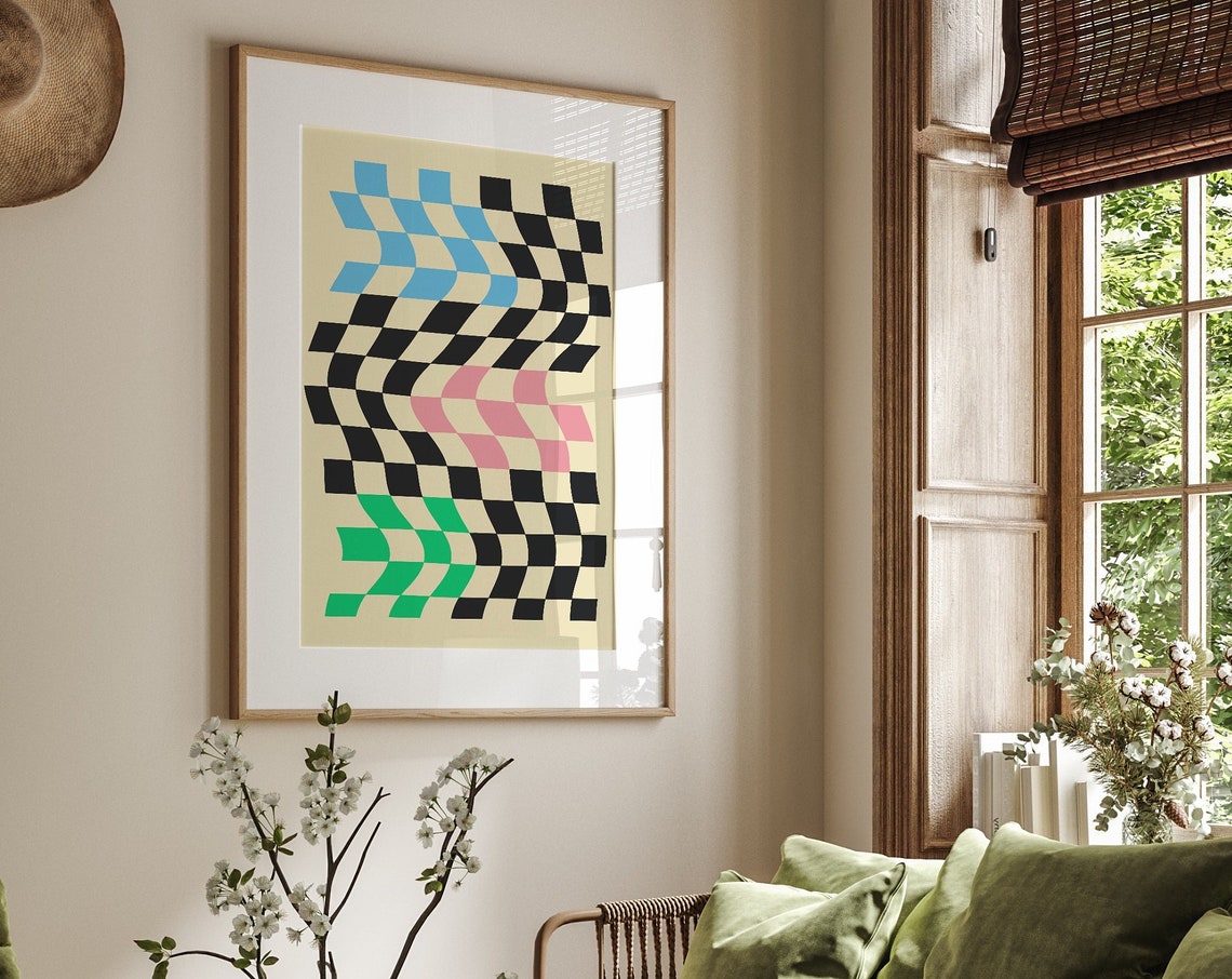 Wavy Psychedelic Checkerboard Poster in Blue Pink Green and Black - Image 3