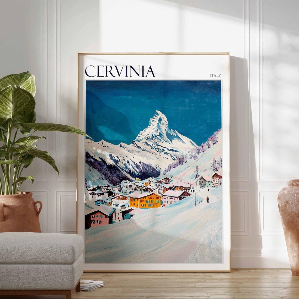Cervinia Italy Pyramid Peak Night Sky Colorful Village Poster