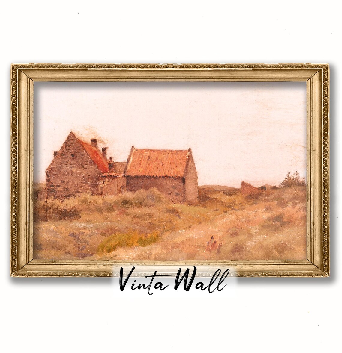Rustic Stone Farmhouse in Golden Field Vintage Rural Painting Poster - Image 2