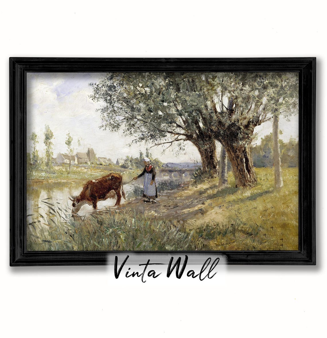 Oil Painting Cow Farmhouse Vintage Woman Landscape Print Art Country Lake River Warm Tones Rustic Home Wall Decor Antique Winter - Image 3