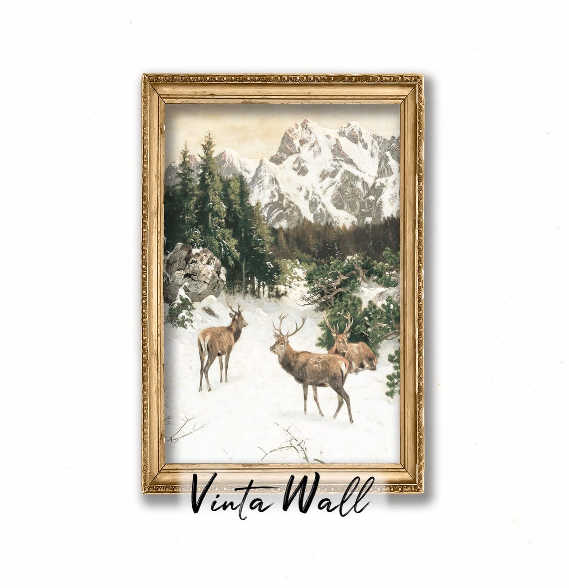 Deer Alpine Snow Forest Vintage Winter Wildlife Landscape Poster - Image 3