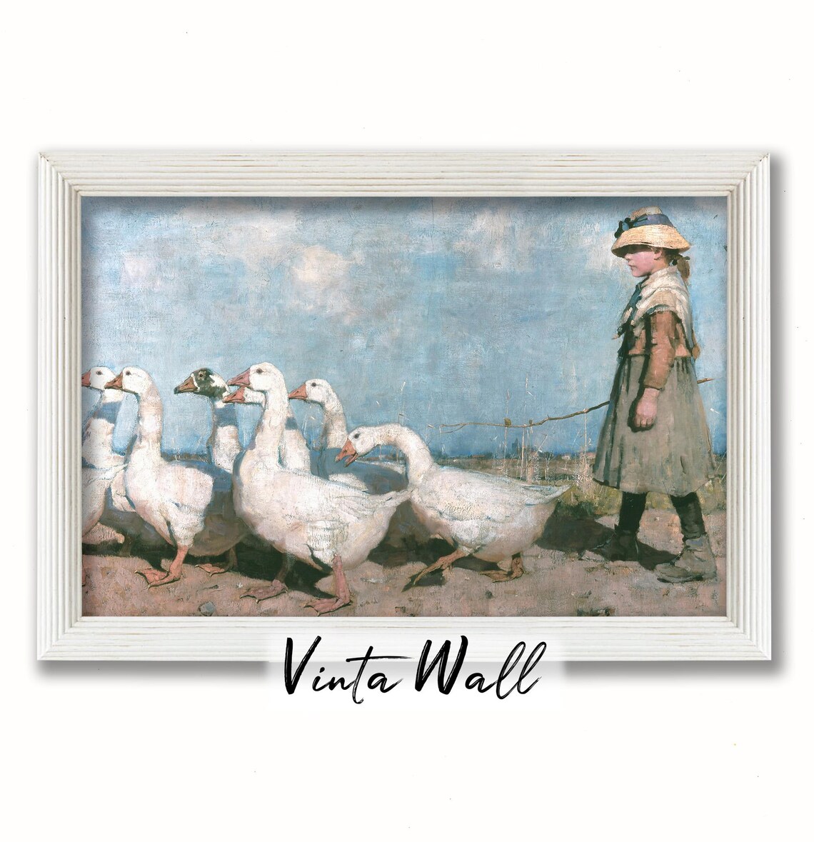 Goose Duck Oil Painting Print Farmhouse Muted Colours Girl Vintage Landscape Art Country Neutral Tones Rustic Home Wall Decor - Image 3