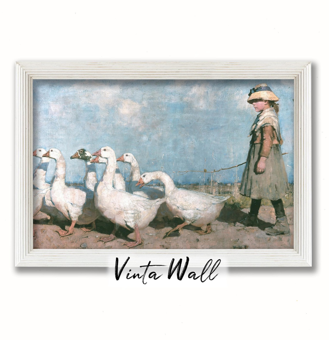 Goose Girl Leading White Geese Vintage Pastoral Painting Art Print - Image 3