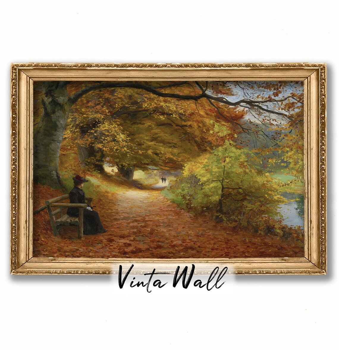 Victorian Lady Resting on Autumn Park Bench Vintage Painting Print - Image 2