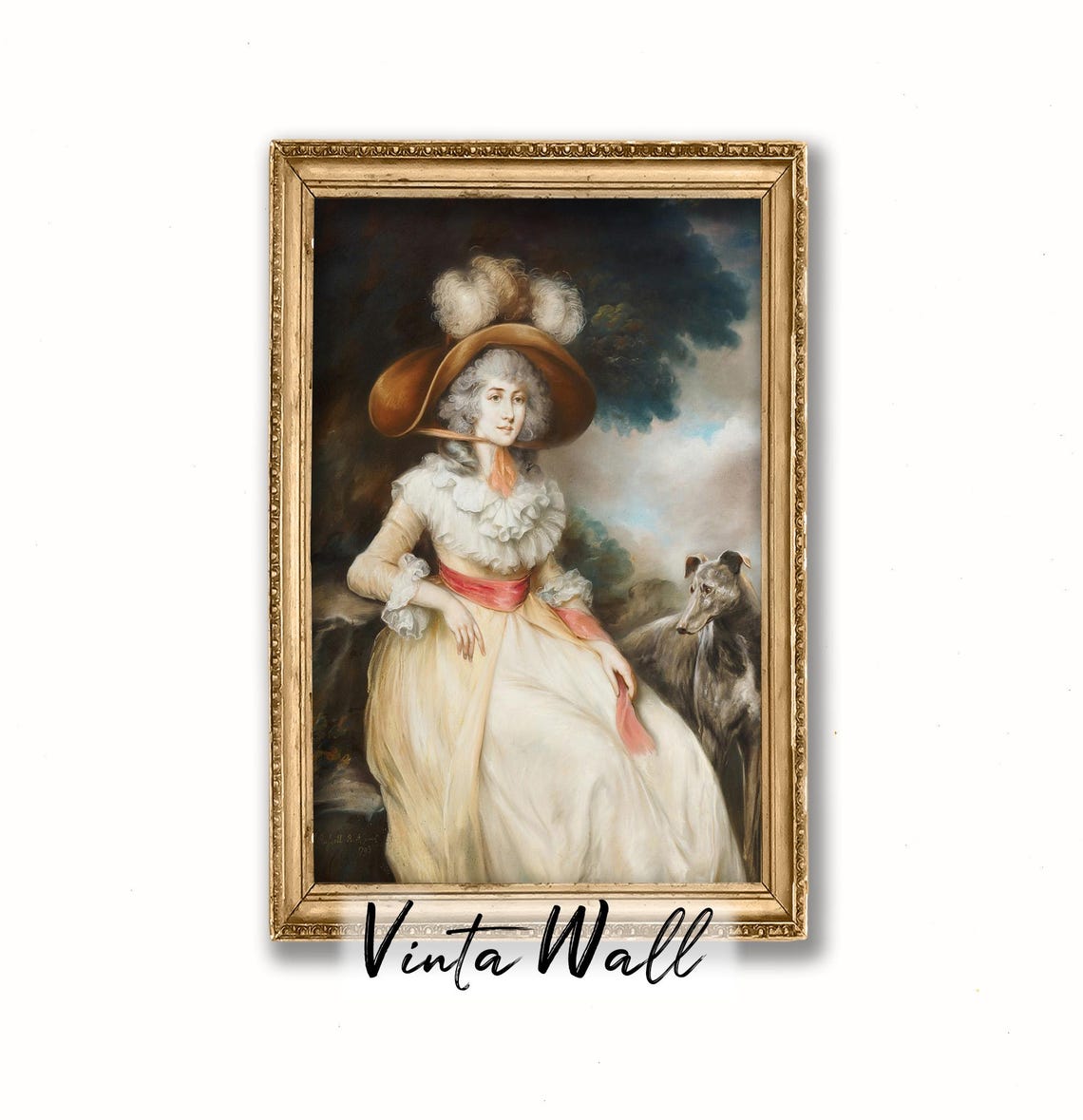 Portrait Young Lady Oil Painting Greyhound Rich Noble Woman Farmhouse Vintage Print Hat Dog Art Country Wall Antique Muted Colours - Image 4