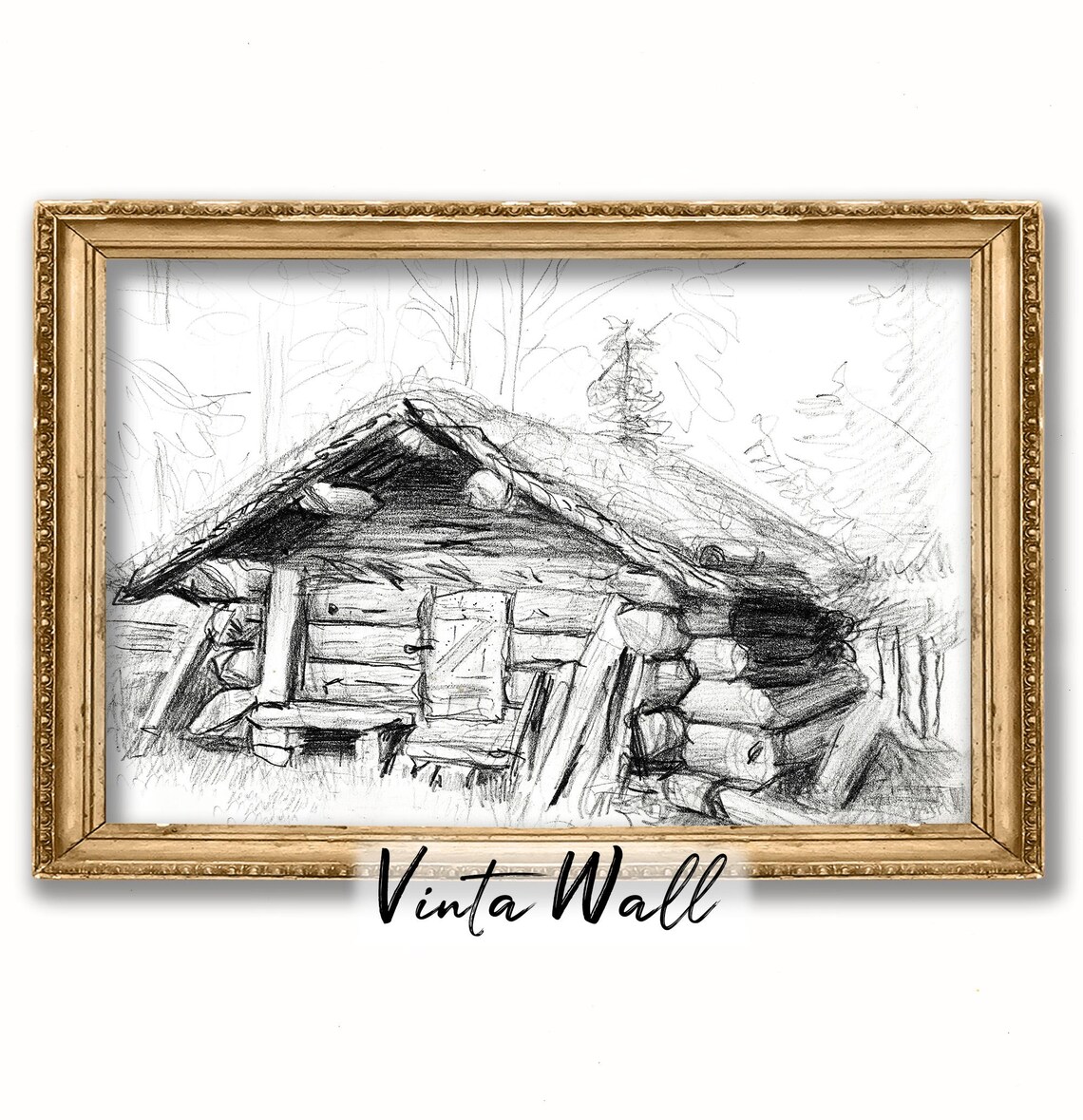 Rustic Log Cabin Pencil Sketch Forest Woodland Vintage Drawing Poster - Image 3