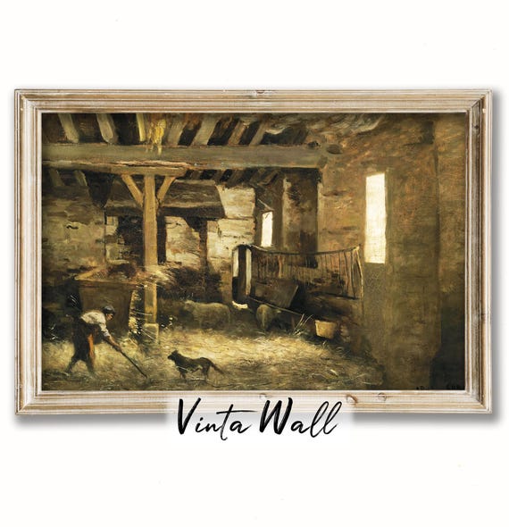 Dark Academia Print Barn Interior Oil Painting Farmer Hay Farmhouse Vintage Scenery Art Tones Home Wall Decor Cottage Farm Rustic