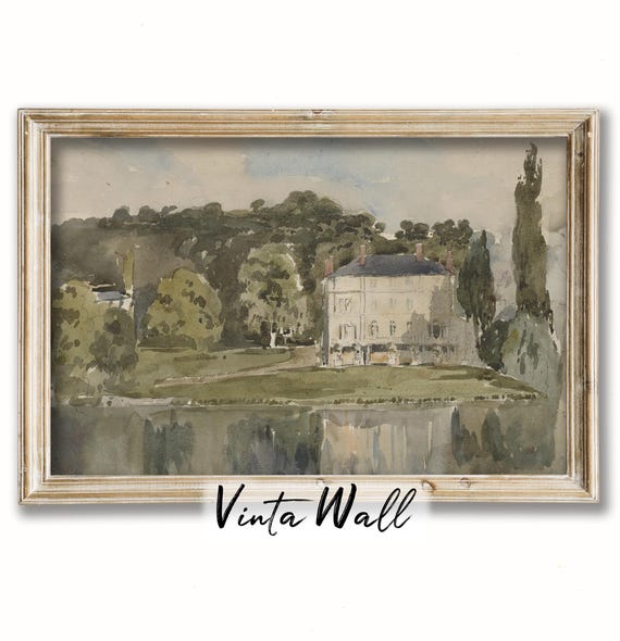Mansion Vintage Watercolour Painting Rustic Soft Tones Village Print Farmhouse Country Muted Colours Lake Landscape Art Wall Decor