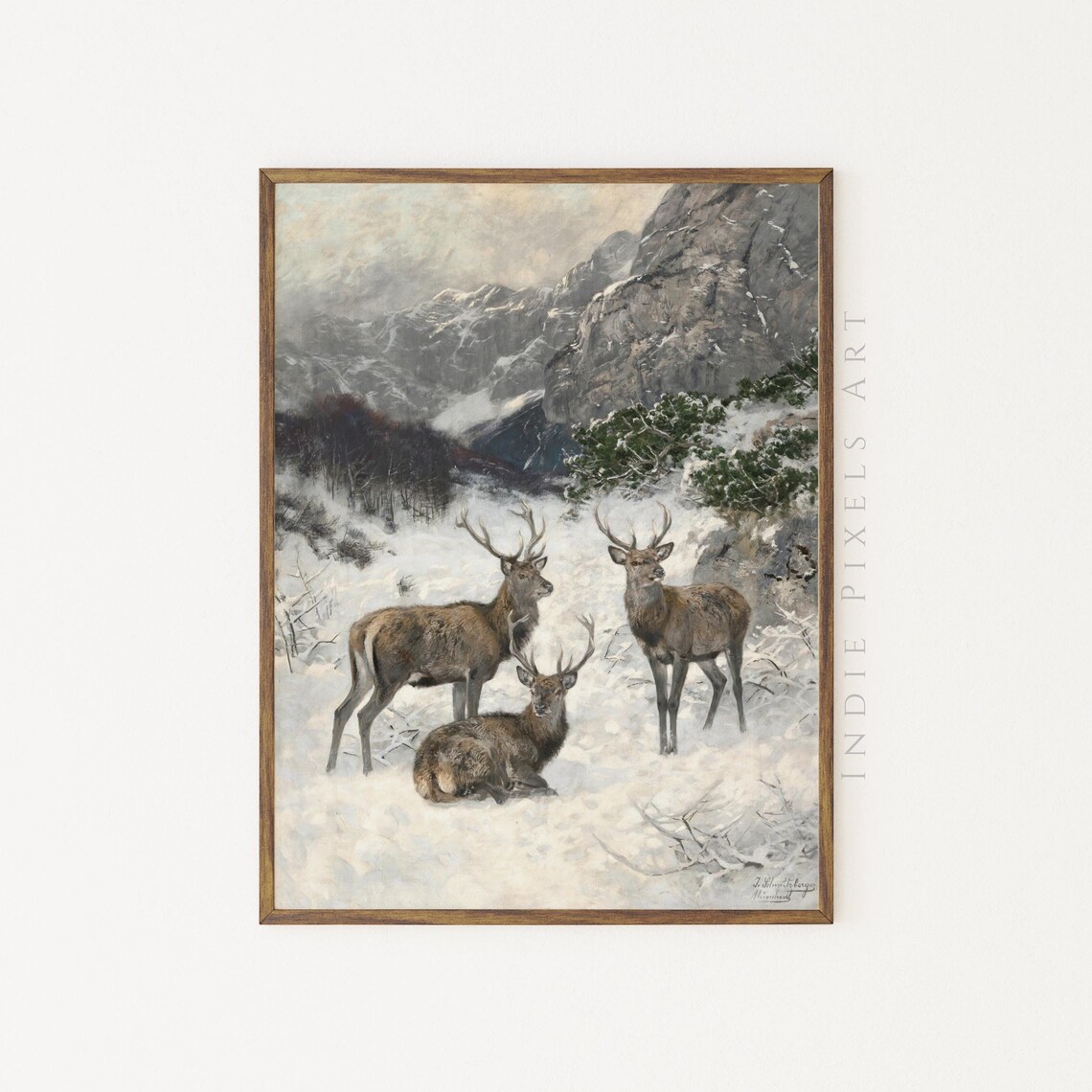 Vintage Stag Deer Snowy Mountain Valley Wildlife Oil Painting Print