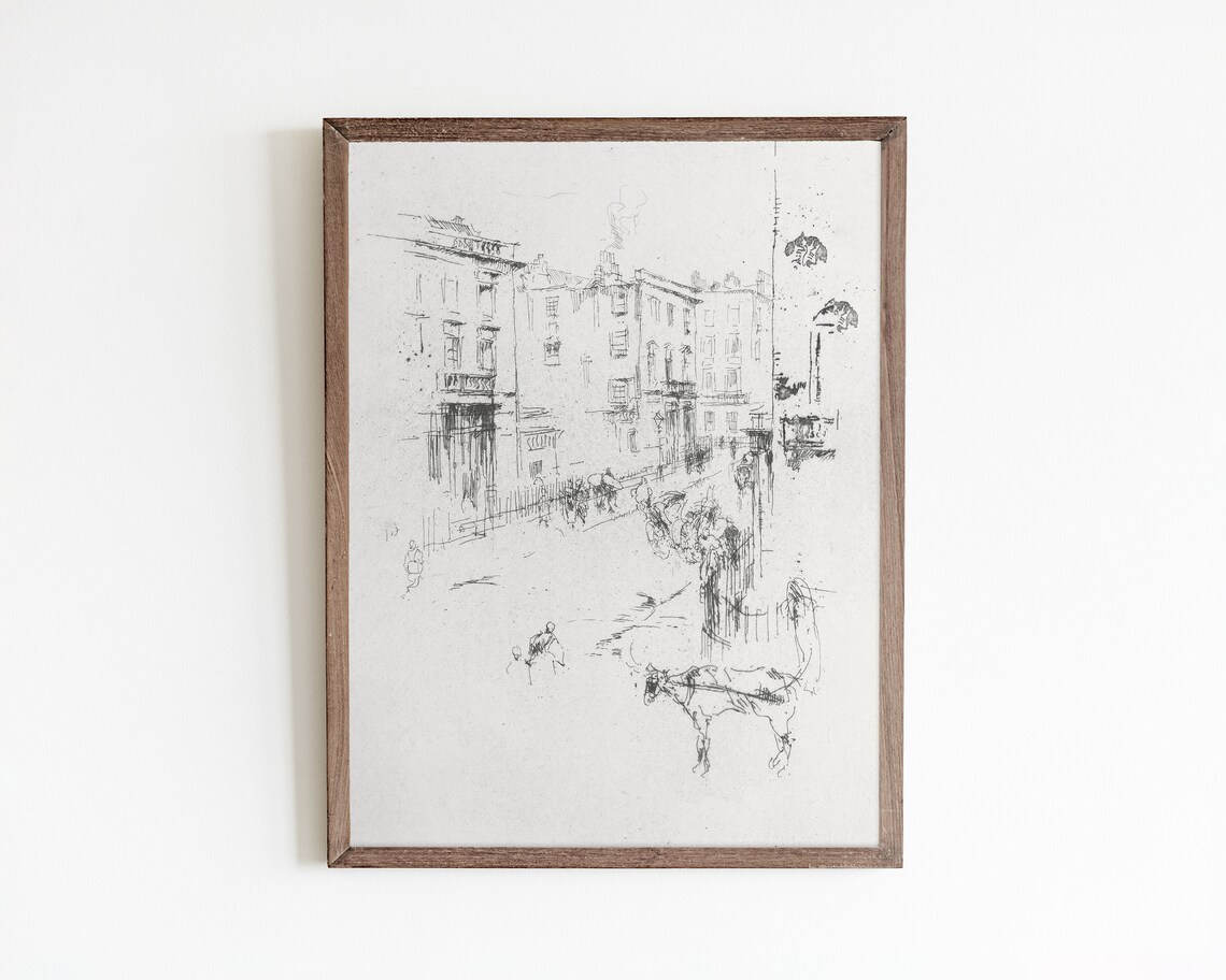 Vintage London Cityscape Sketch Art Antique Neutral Drawing Vintage Art Print Minimalist Wall Art Vintage Art Village Sketch